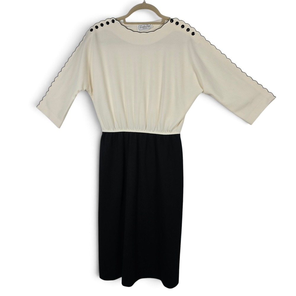 VTG Leslie Fay Dress Womens Petites Midi Colorblock Cream Black Scalloped Retro